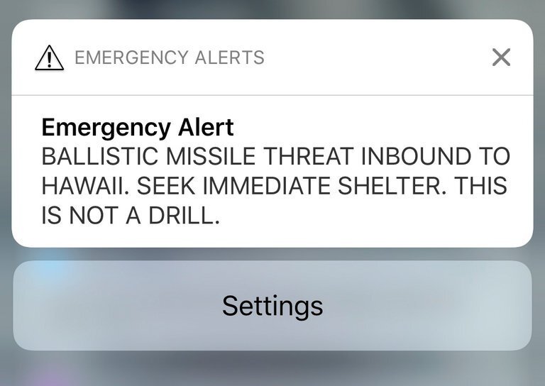 An image of the alert erroneously sent to cellphones in Hawaiʻi on 13 January 2018.